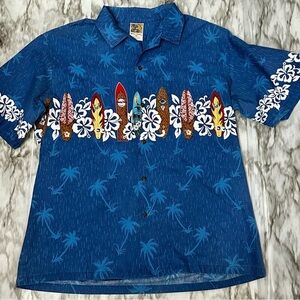 Blue Palm Trees Surf Boards Coconut Button Down Shirt Hawaiian Made Vibrant